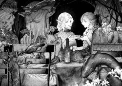  1boy 1girl 3others bottle braid braided_ponytail braided_ponytail_lamia_(dungeon_meshi) dungeon_meshi elf food gapamopa greyscale highres holding holding_plate long_hair looking_at_another medium_hair mithrun mithrun_(young) monochrome multiple_others mushroom plate pointy_ears single_braid smile snake table wavy_hair wine_bottle 