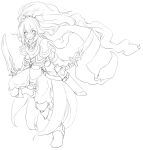  absurdres dual_wielding fiana_else highres lineart long_hair looking_at_viewer monochrome open_mouth original pixiv_fantasia pixiv_fantasia_5 smile solo sword transparent_background weapon yu-ves 