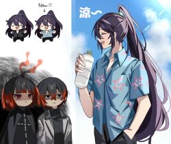  1girl 2boys 4th_match_flame_(e.g.o) black_dress black_eyes black_hair black_pants black_skirt bottle closed_eyes closed_mouth coat collared_shirt dress e.g.o_(project_moon) gradient_hair highres holding holding_bottle hong_lu_(project_moon) kurokumo_clan_(identity)_(project_moon) lapels limbus_company long_hair mu46016419 multicolored_hair multiple_boys notched_lapels open_mouth pants project_moon red_eyes redhead ryoshu_(project_moon) shirt short_sleeves skirt smile tingtang_gang_(identity)_(project_moon) very_long_hair white_coat yi_sang_(project_moon) 