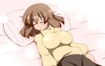  bed bed_sheet breasts brown_hair closed_eyes eyes_closed female highres huge_breasts impossible_clothes impossible_shirt kaz_(shade) lying makihara_nodoka on_back original pillow skirt sleeping solo sweater turtleneck 