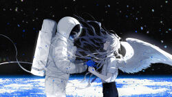  angel angel_wings astronaut black_necktie black_pants closed_eyes collared_shirt english_commentary falling_petals flower from_side grey_hair grin helmet highres kazari_tayu long_hair necktie original pants petals planet science_fiction shirt shirt_tucked_in short_sleeves sky smile space space_helmet spacesuit star_(sky) starry_sky white_shirt wings 