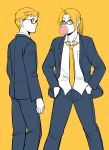  alphonse_elric alternate_costume bespectacled blonde_hair brothers bubblegum edward_elric fullmetal_alchemist glasses hands_in_pockets jacket multiple_boys necktie pai_(1111) ponytail school_uniform siblings yellow_background yellow_eyes 