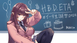  1girl artist_name black_necktie black_thighhighs blush breasts chalkboard elf eta_(kage_no_jitsuryokusha_ni_naritakute!) eyebrows_hidden_by_hair grey_skirt hair_between_eyes kage_no_jitsuryokusha_ni_naritakute! large_breasts lips long_hair looking_down mibry_(phrysm) necktie open_mouth pink_sweater pointy_ears purple_hair school_uniform shirt sitting skirt solo sweater thigh-highs v very_long_hair violet_eyes white_shirt 