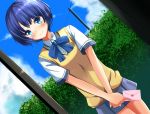  ano_natsu_de_matteru blue_eyes blue_hair blush bow bush dutch_angle heart letter love_letter ok-ray school_uniform short_hair skirt smile solo sweater_vest tanigawa_kanna 