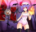  alternate_costume bare_shoulders bat black_legwear commentary gloves portal portal_2 purple_hair red_eyes remilia_scarlet school_swimsuit short_hair slit_pupils solo space_core sumapan swimsuit sword the_elder_scrolls the_elder_scrolls_v:_skyrim thigh-highs thighhighs touhou weapon white_school_swimsuit wings 