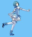  atrium_(artist) bad_id blue blue_background blue_eyes blue_hair bubble_skirt cosplay elbow_gloves frills gloves kaname_madoka kaname_madoka_(cosplay) looking_back magical_girl mahou_shoujo_madoka_magica miki_sayaka short_hair simple_background smile solo thigh-highs thighhighs zettai_ryouiki 