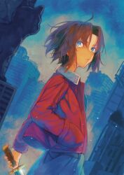  1girl ahoge black_hair blue_eyes cat cityscape highres holding holding_knife jacket kara_no_kyoukai knife natori_re outdoors parted_lips red_jacket ryougi_shiki short_hair sky solo 