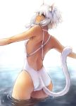  ass cat_ears cat_tail facial_mark final_fantasy final_fantasy_xiv green_eyes looking_back makimura_shunsuke miqo&#039;te miqo'te one-piece_swimsuit outstretched_arms short_hair solo swimsuit tail water wet white_hair white_swimsuit y'shtola 