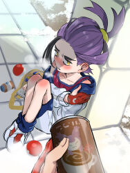  1boy 1other against_pillar anko_(ankochan_114) black_hair blue_socks blush breath can character_print cold collarbone commentary_request gloves highres holding holding_can jacket kieran_(pokemon) mole mole_on_neck multicolored_hair outdoors parted_lips partially_fingerless_gloves pillar poke_ball poke_ball_(basic) pokemon pokemon_sv purple_hair red_shirt shirt shoes shorts sitting skitty sleeveless sleeveless_shirt snow socks two-tone_hair white_footwear white_jacket white_shorts yellow_eyes 