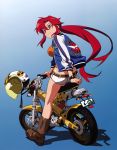  absurdres boots highres jacket motor_vehicle motorcycle ponytail red_hair redhead short_shorts shorts sleeves_pushed_up smile tengen_toppa_gurren_lagann vehicle watch yellow_eyes yoko_littner 