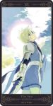  armor blonde_hair blue_eyes cape cloud expressionless flynn_scifo gloves male motoko_(ambiy) rounded_corners shield sky solo sword tales_of_(series) tales_of_vesperia tarot the_sun weapon 
