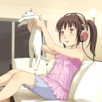  bloomers blush brown_eyes brown_hair cable cat couch headphones holding indoors lamp longcat meow_(nekodenki) open_mouth original short_ponytail sitting sliding_doors smile solo white_cat wire 