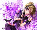  1boy animal belt blonde_hair butterfly gloves headphones kagamine_len lying male migikata_no_chou_(vocaloid) nail_polish nou on_side open_jacket ponytail purple purple_eyes short_hair violet_eyes vocaloid 