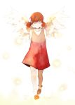  angel_wings arms_behind_back child closed_eyes doujima_nanako dress eyes_closed footwear full_body hair_ribbon lens_flare light_particles persona persona_4 ribbon short_hair short_twintails simple_background socks solo striped striped_dress twintails walking white_background wings yuzuaki 