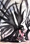  1girl black_hair black_wings darkness highres kneeling oichi oichi_(sengoku_basara) rei_crux sengoku_basara shadow solo traditional_media watercolor_(medium) wings 