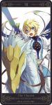  armor blonde_hair blue_eyes flynn_scifo gloves horse male motoko_(ambiy) open_mouth rounded_corners solo surcoat sword tales_of_(series) tales_of_vesperia tarot the_chariot weapon white_background 