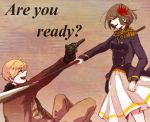  1girl ahoge america_(hetalia) axis_powers_hetalia black_hair blonde_hair blue_eyes bomber_jacket brown_eyes english genderswap glasses gloves gun hm-iz japan_(hetalia) military military_uniform naginata polearm uniform weapon 