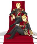  aiguillette alphonse_elric alternate_costume belt blonde_hair brothers edward_elric epaulettes fullmetal_alchemist gloves highres medal military military_uniform multiple_boys pai_(1111) pants sheath sheathed siblings smile sword throne uniform weapon white_gloves yellow_eyes 