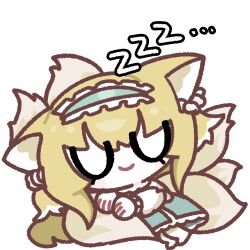 1girl absurdres amedrama animal_ears arknights blonde_hair chibi chibi_only closed_eyes closed_mouth commentary_request fox_ears fox_girl fox_tail frilled_hairband frills green_hairband green_skirt hairband highres kitsune korean_commentary kyuubi long_hair long_sleeves multiple_tails official_alternate_costume simple_background skirt sleeping smile solo suzuran_(arknights) suzuran_(spring_praise)_(arknights) tail white_background zzz 