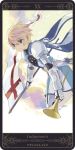  armor blonde_hair blue_eyes cape expressionless flag flynn_scifo gloves instrument judgement male motoko_(ambiy) rounded_corners solo tales_of_(series) tales_of_vesperia tarot trumpet 