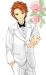  blue_eyes brief_(character) brief_(psg) flower formal freckles hand_in_pocket looking_at_viewer male orange_hair outstretched_hand panty_&amp;_stocking_with_garterbelt pink_rose ribonchan rose solo suit white_background 