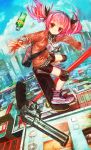  bag bangs beverage bike_shorts blue_sky camera city gun hair_ornament hair_ribbon highres jacket knee_pads lm7_(op-center) original pink_hair revolver ribbon shirt shorts shoulder_bag skateboard sky smile twintails vans weapon 