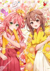  2girls 35p_(sakura_miko) :3 ahoge alternate_costume amesui animal_ears bell blush bone_hair_ornament bow braid brown_eyes brown_hair checkered_background cherry_blossom_print clenched_hand dog_ears dog_girl explosion fang floral_print floral_print_kimono green_eyes hair_bell hair_between_eyes hair_bow hair_ornament hairclip hakama hand_up highres hololive inugami_korone japanese_clothes kikirara_vivi kimono listener_(inugami_korone) long_hair long_sleeves looking_at_viewer medium_hair mouth_hold multiple_girls one_side_up open_mouth pink_hair pink_kimono red_bow red_hakama sakura_miko skin_fang smile sweat twin_braids v-shaped_eyebrows virtual_youtuber white_hakama wide_sleeves yellow_kimono 