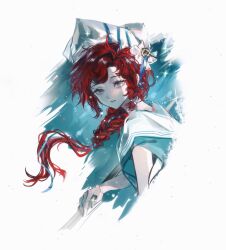  1girl absurdres barcarola_(reverse:1999) blue_background blue_eyes blue_shirt border braid cropped_torso dixie_cup_hat fading_border floating_hair from_side hand_on_railing hand_up hat highres long_braid long_hair looking_at_viewer military_hat parted_lips railing redhead reverse:1999 sailor_collar shirt short_sleeves solo twin_braids two-tone_background upper_body weiyan_(nbnbmwnl) white_background white_hat 