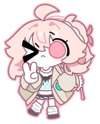  >_o 1girl :< absurdres amedrama blue_archive chibi chibi_only closed_mouth drumsticks full_body halo highres holding holding_drumsticks long_sleeves looking_at_viewer loose_socks miniskirt natsu_(band)_(blue_archive) natsu_(blue_archive) one_eye_closed outline pink_hair pink_outline pleated_skirt simple_background skirt socks solo white_background 