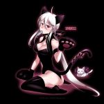  ahoge animal_ears ass bare_shoulders bell black_background black_legwear blush breasts caffein cat cat_ears cat_tail cleavage cleavage_cutout dated erect_nipples fish gloves highres large_breasts long_hair looking_at_viewer looking_back mouth_hold no_shoes paw_gloves red_eyes ribbon shiny shiny_skin silver_hair simple_background sitting solo tail thigh-highs thighhighs very_long_hair vocaloid wariza yowane_haku yowaneko 