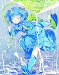  backpack bag blue_hair hair_ornament hat holding holding_hat kawashiro_nitori key leaf leaf_umbrella namie-kun rain randoseru short_hair smile solo touhou twintails 
