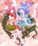  antlers aqua_eyes bandages blue_eyes double_bun dragon eastern_dragon flats hair_rings hair_stick hand_holding hands_clasped holding_hands ibara_kasen ibaraki_kasen interlocked_fingers izumi_akane kaku_seiga multiple_girls no_socks pink_eyes pink_hair pumps shawl skirt touhou wink 