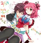  1girl asbel_lhant brown_eyes brown_hair cheria_barnes closed_eyes couple eyes_closed hug hug_from_behind kurimomo pink_hair skirt tales_of_(series) tales_of_graces thigh-highs thighhighs translation_request two_side_up wink 