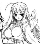  ahoge bare_shoulders breasts clenched_fist clenched_hand detached_sleeves fighting_stance graphite_(medium) halterneck japanese_clothes large_breasts long_hair lowres m.u.g.e.n miko monochrome nontraditional_miko original sendai_hakurei_no_miko solo touhou traditional_media umyonge_(lkakeu) wide_sleeves 