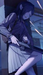  1girl angel_ina bag benelli_m4 black_footwear black_hair blue_hair blue_jacket blue_skirt breasts collar commentary commission debris eyes_visible_through_hair film_grain fingernails gun hiding highres holding holding_gun holding_weapon indoors jacket long_sleeves medium_breasts medium_hair open_mouth optical_sight original pillar pixiv_commission pleated_skirt projectile_trail red_ribbon reloading ribbon school_bag school_uniform shotgun shotgun_shell skirt solo standing standing_on_one_leg sweatdrop teeth upper_teeth_only weapon white_collar wrist_belt 