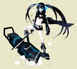  bikini_top black_hair black_rock_shooter black_rock_shooter_(character) blue_eyes boots cannon coat glowing glowing_eyes highres huge_weapon long_hair looking_at_viewer midriff navel pale_skin platina77 scar short_shorts shorts simple_background solo star sword twintails weapon 