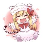  :d animal_ears blonde_hair blush bow cat_ears cat_paws cat_tail chibi closed_eyes eyes_closed fang hat heart kemonomimi_mode lily_white long_hair open_mouth outstretched_arms paws shirt sitting skirt smile solo tail tiger_ears tiger_paws tiger_tail touhou yutamaro 