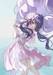  1girl :d balloon blue_eyes blue_hair blush bow commentary dark_blue_hair dress feet_out_of_frame frilled_dress frills gradient_clothes gradient_dress hair_bow hair_ribbon highres holding holding_balloon layered_dress link!_like!_love_live! link_to_the_future_(love_live!) long_hair love_live! low_twintails murano_sayaka official_alternate_costume open_mouth pink_dress ribbon ripples smile solo too_many_balloons twintails two-tone_dress virtual_youtuber white_bow white_dress white_ribbon yu_lian_hane 