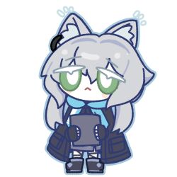  1girl :< absurdres amedrama animal_ears arknights black_coat black_gloves blush cat_ears cat_girl chibi chibi_only closed_mouth coat commentary_request commission fingerless_gloves full_body gloves green_eyes grey_hair highres korean_commentary long_hair rosmontis_(arknights) simple_background solo standing transparent_background 