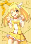 blonde_hair cure_peace double_v dress hair_ornament highres kise_yayoi long_hair magical_girl open_mouth oruton precure shorts_under_skirt smile_precure! solo v wink wrist_cuffs yellow yellow_background yellow_dress yellow_eyes 
