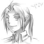  \(^o^)/ ahoge bad_id edward_elric emoticon fullmetal_alchemist male monochrome ponytail smile solo srr0804 