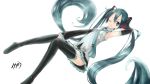  aqua_eyes aqua_hair arm_up armpits bad_id detached_sleeves gareki hatsune_miku long_hair necktie simple_background skirt solo thigh-highs thighhighs twintails very_long_hair vocaloid white_background wink 