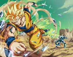  2boys battle blonde_hair blurry clenched_hands clenched_teeth commentary_request depth_of_field dougi dragon_ball dragon_ball_z dust_cloud floating_hair green_eyes green_sky kouji08250 looking_ahead male_focus meta-cooler missing_limb multiple_boys muscular muscular_male one_eye_closed orange_dougi orange_pants outdoors pants punching scene_reference short_hair sky son_goku sparkle spiky_hair super_saiyan super_saiyan_1 teeth toriyama_akira_(style) 