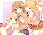  ;d blonde_hair blush breast_grab breasts cardigan clothes_writing flower futaba_anzu groping hair_flower hair_ornament idolmaster idolmaster_cinderella_girls jougasaki_rika kosuzume mimura_kanako multiple_girls nose_picking open_mouth plaid plaid_skirt skirt smile stuffed_toy sweater_vest two_side_up wink 