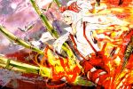  bamboo bow female fire fujiwara_no_mokou girl hair_bow ibitsu long_hair solo suspenders touhou 