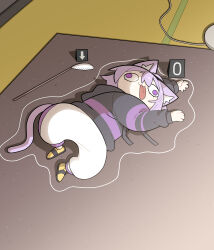  1girl :3 absurdres animal_ear_fluff animal_ears black_hoodie cat_ears cat_girl cat_tail cat_teaser chalk_outline cocomayo29_(tomato) commentary_request crime_scene highres hololive hood hood_down hoodie korean_commentary long_sleeves nekomata_okayu nekomata_okayu_(1st_costume) on_floor pants photo-referenced purple_hair solo tail tongue tongue_out violet_eyes virtual_youtuber wall-eyed white_pants yellow_footwear 