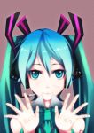 aqua_hair detached_sleeves hatsune_miku headphones headset highres looking_at_viewer mimimi_(nico_seiga815350) necktie partially_translated translation_request twintails vocaloid 