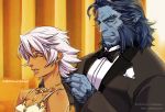  1girl ^_^ arabagi artist_request beast_(x-men) blue_hair blue_skin breasts cleavage closed_eyes colored_eyelashes couple dark_skin dress fur jewelry marvel necklace pointy_ears short_hair sideburns silver_hair smile storm_(x-men) white_hair x-men 