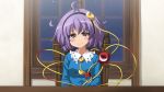  ahoge bangs big_hair blush hairband head_tilt highres indoors komeiji_satori lavender_hair looking_at_viewer masara night night_sky pov pov_across_table pov_eye_contact purple_eyes purple_hair short_hair sitting sky smile solo star_(sky) starry_sky third_eye touhou violet_eyes window 