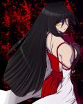  back bad_id bare_shoulders black_hair breasts detached_sleeves highres hime_cut japanese_clothes large_breasts long_hair looking_back m.u.g.e.n miko nontraditional_miko one-piece_thong original sendai_hakurei_no_miko sideboob solo tai_takeshi touhou wide_sleeves yellow_eyes 